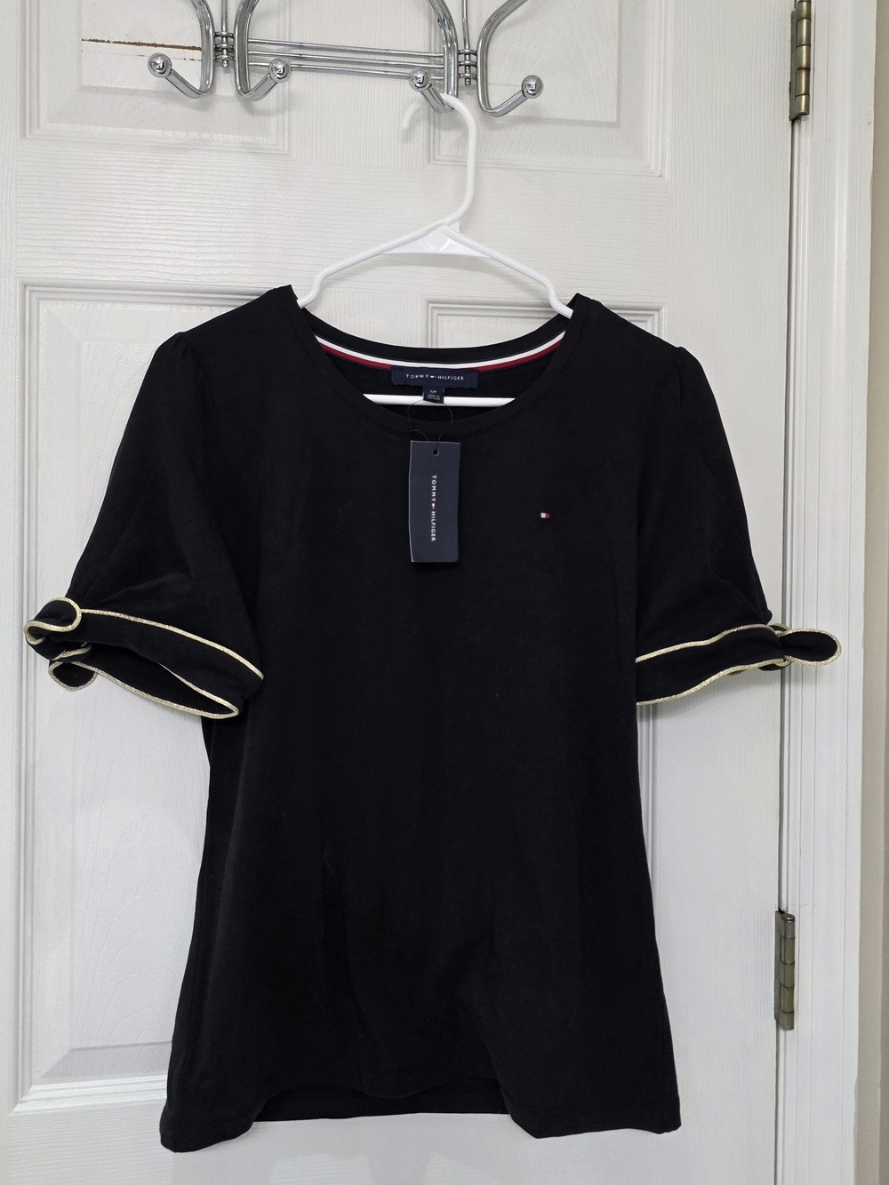 Tommy Hilfiger Black Short Sleeve Tee with Cream Trimed Puff Sleeves
